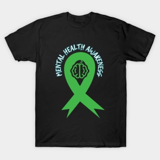 Mental Health Awareness Green Ribbon Brain Question Mark T-Shirt